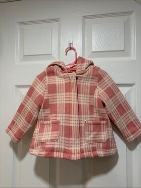 Old Navy Pink and Cream Plaid Hooded Pea Coat